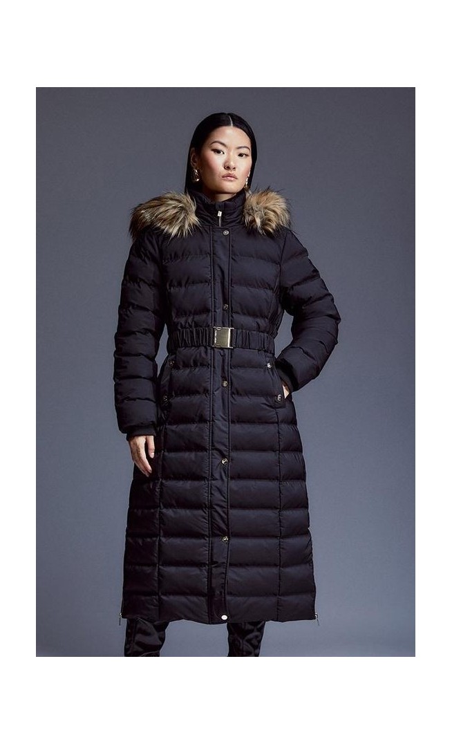 Heat Seal Puffer Belted Faux Fur Hood Longline Jacket