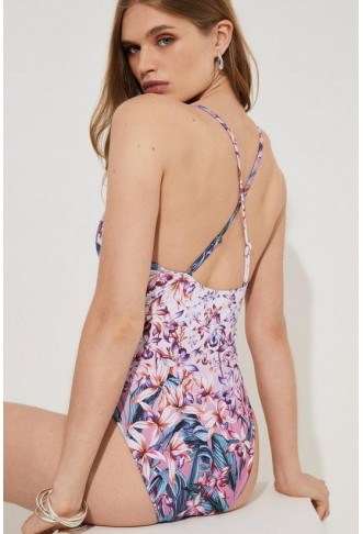 Tropical Placement Print Embellished Swimsuit