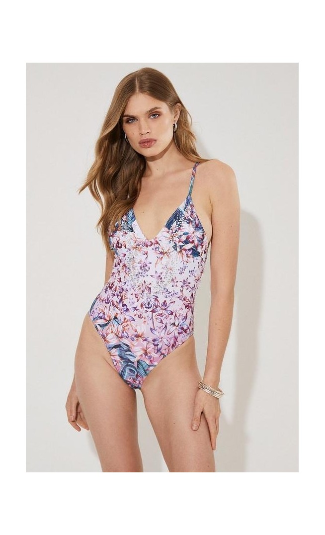 Tropical Placement Print Embellished Swimsuit