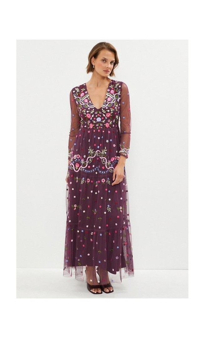 Long Sleeve All Over Embroidered Maxi Dress