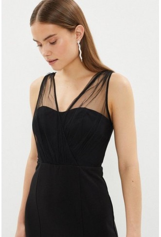 V Neck Sheer Over Layer Fishtail Maxi Dress