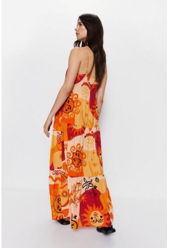 Viscose Sun Abstract Print Strappy Maxi Beach Dress