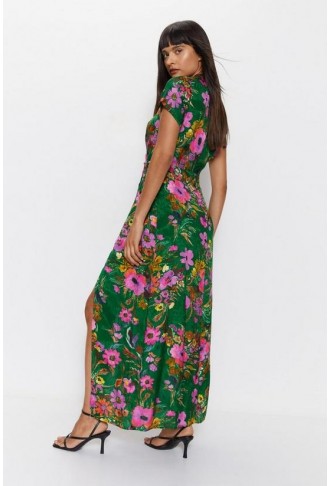 Floral Printed Viscose Jacquard Keyhole Midi Dress