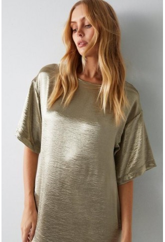 Metallic Satin T-shirt Column Midi Dress