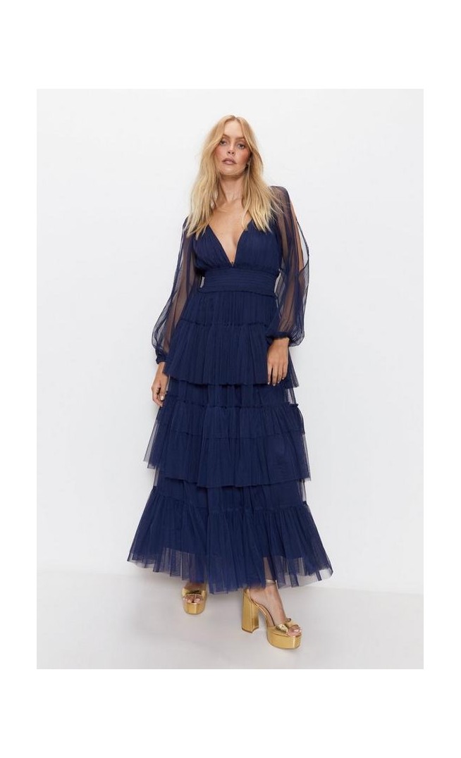 Cold Shoulder Tulle Tiered Maxi Dress