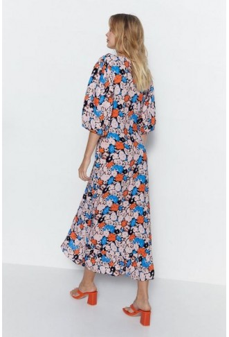 Floral Plunge Asymmetric Hem Midi Dress