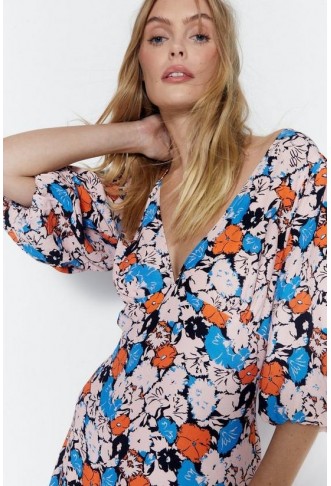 Floral Plunge Asymmetric Hem Midi Dress