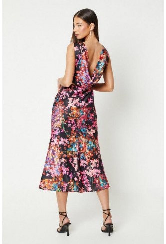 Printed Satin Cowl Back Midi Dress