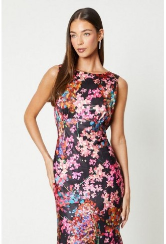 Printed Satin Cowl Back Midi Dress