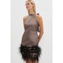 Premium Metallic Feather Trim Mini Dress