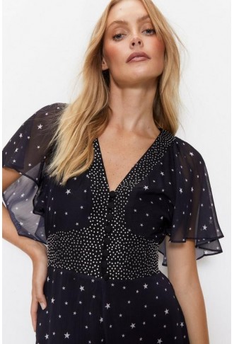 Diamante Star Print Short Sleeve Jumpsuit