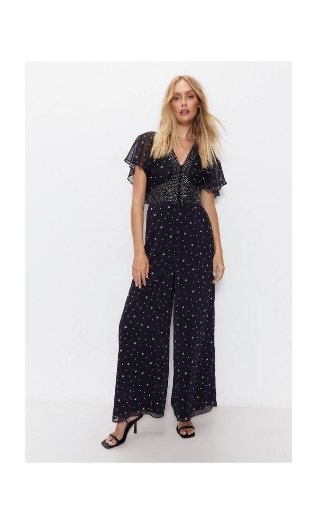 Diamante Star Print Short Sleeve Jumpsuit