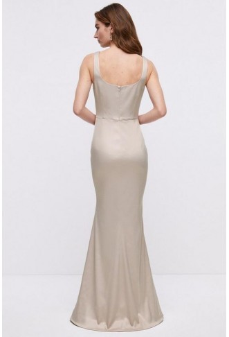 Square Neck Fishtail Stretch Satin Bridesmaids Maxi Dress