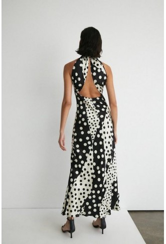 Spot Satin Halter Neck Backless Maxi Dress