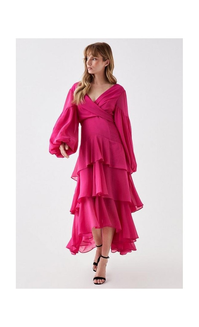 Tiered Wrap Front Midi Dress