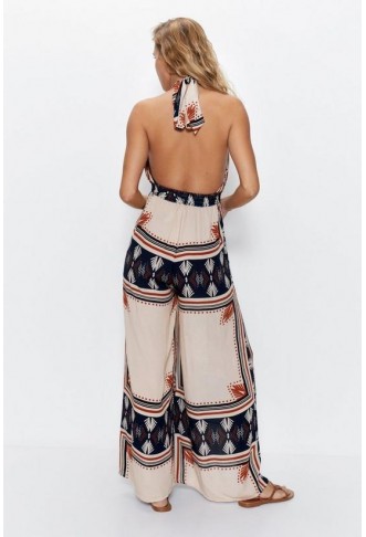 Scarf Print Halter Neck Cut Out Wide Leg Beach Jumpsuit