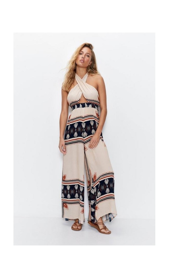 Scarf Print Halter Neck Cut Out Wide Leg Beach Jumpsuit