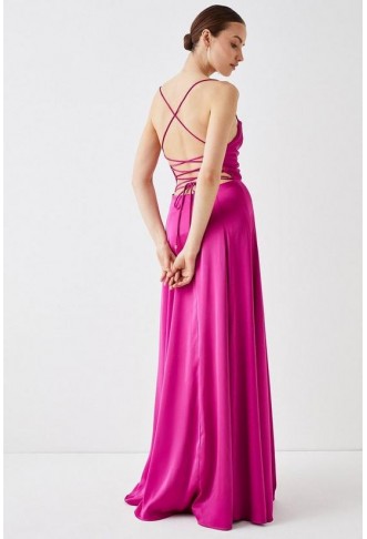 Cowl Neck Satin Maxi Prom Dress With Strappy Back