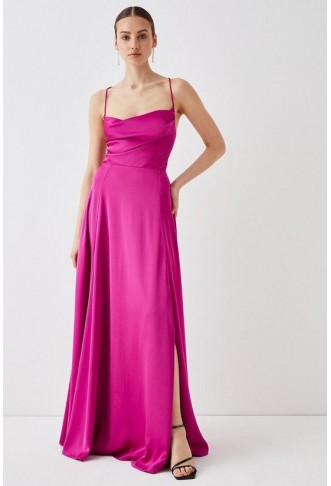 Cowl Neck Satin Maxi Prom...