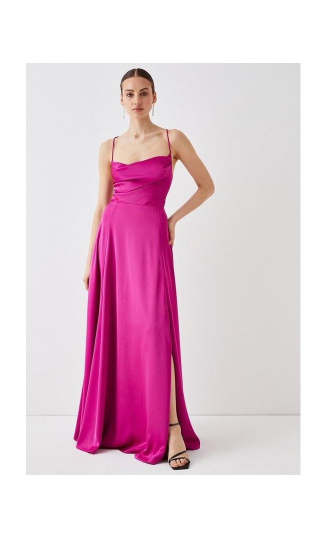 Cowl Neck Satin Maxi Prom Dress With Strappy Back