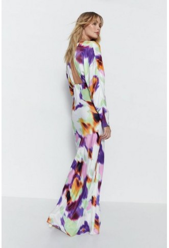 Blurred Abstract Print Satin Batwing Dress