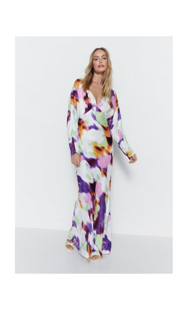 Blurred Abstract Print Satin Batwing Dress