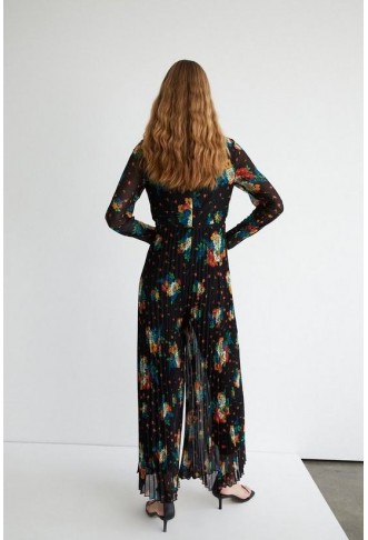 Floral Print Wide Leg Pleated Jumpsuit