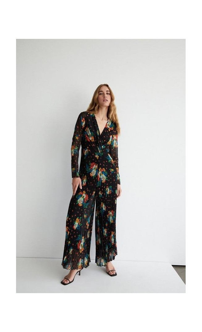 Floral Print Wide Leg Pleated Jumpsuit