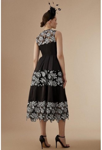 Lisa Tan Corded Lace Panelled Full Skirt Midi Dress