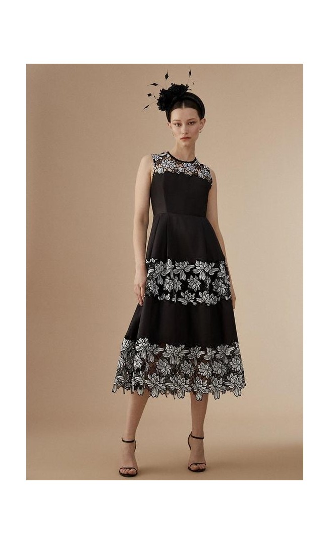 Lisa Tan Corded Lace Panelled Full Skirt Midi Dress