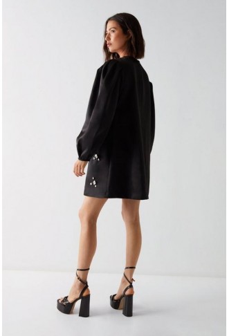 Gemstone Embellished Satin Puff Sleeve Mini Dress