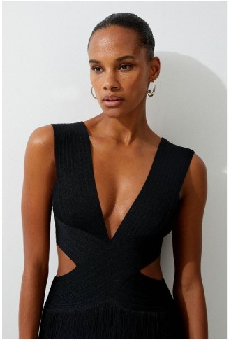 Black Bandage V Neck Cut Out Fringed Swimsuit