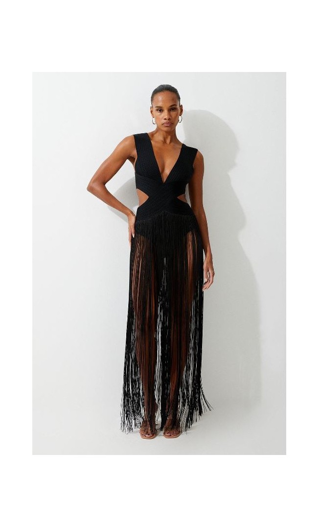 Black Bandage V Neck Cut Out Fringed Swimsuit