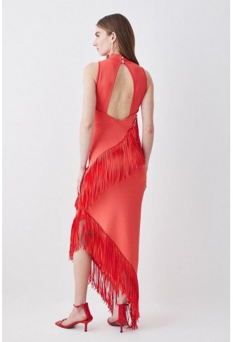 Fringe Hem Asymmetric Knit Midi Dress