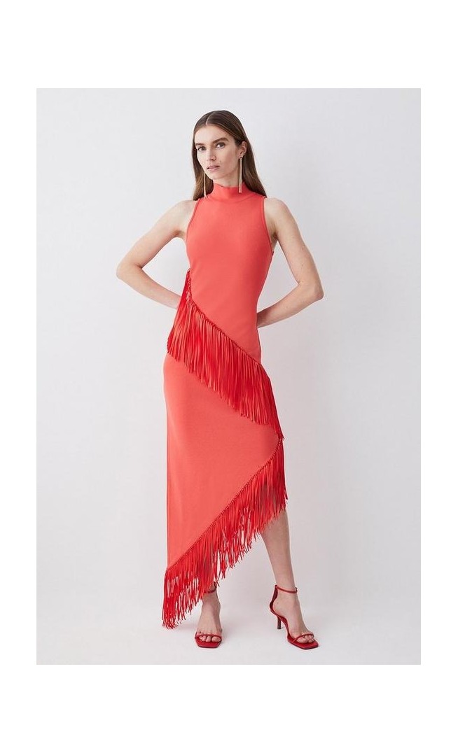 Fringe Hem Asymmetric Knit Midi Dress