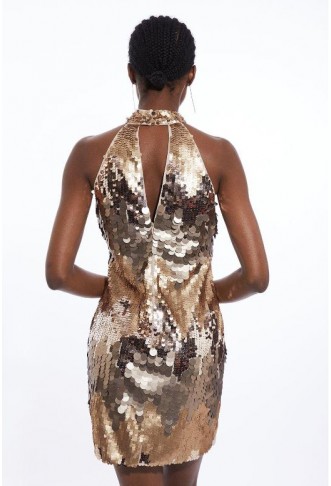 Gold Disc Sequin Halter Mini Dress