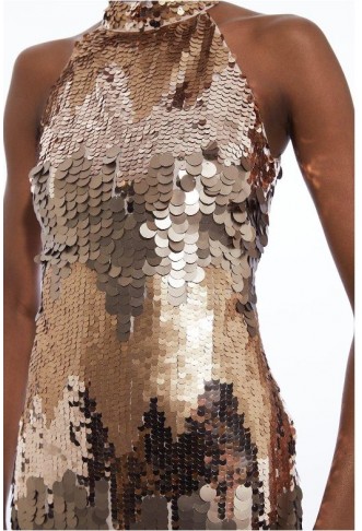 Gold Disc Sequin Halter Mini Dress