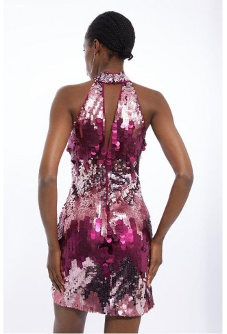 Disc Sequin Halter Mini Dress