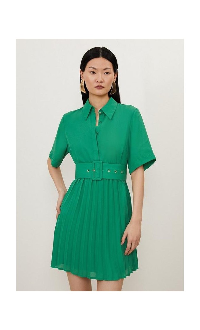 Pleated Georgette Belted Shirt Mini Dress