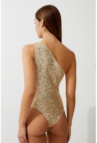 Sequin Cut Out Asymmetric Thong Swimsuit