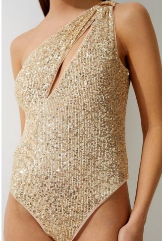 Sequin Cut Out Asymmetric Thong Swimsuit