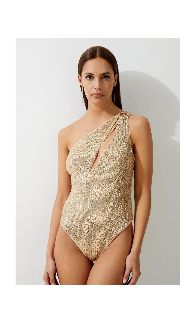 Sequin Cut Out Asymmetric Thong Swimsuit