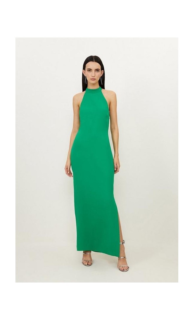 Petite Fluid Tailored Halterneck Open Back Maxi Dress