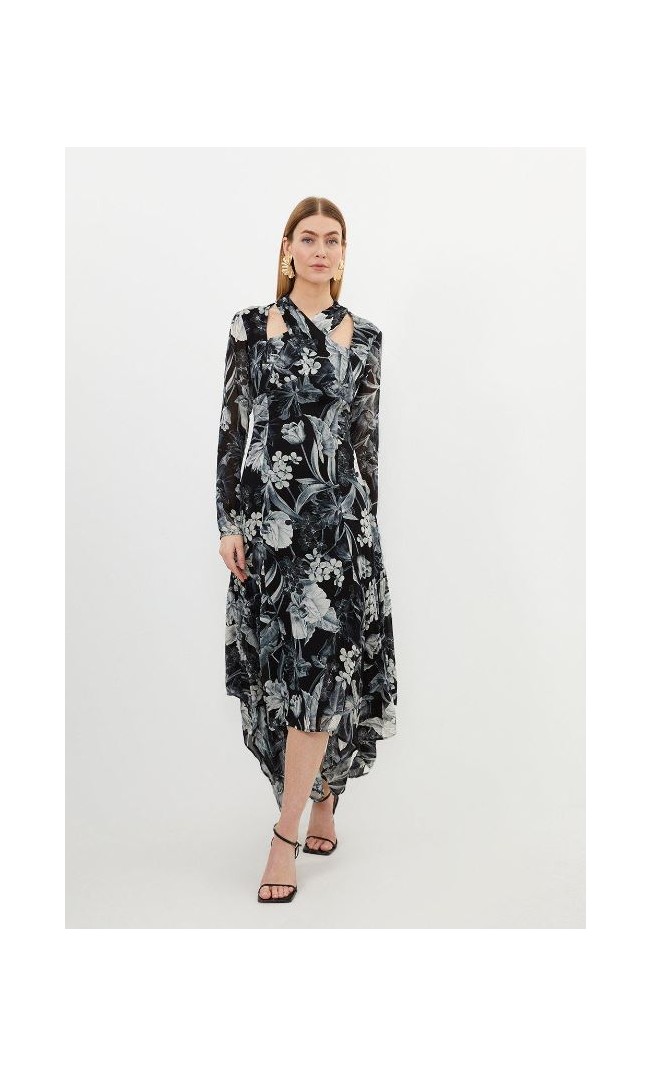 Petite Mono Floral Viscose Georgette Woven Maxi Dress