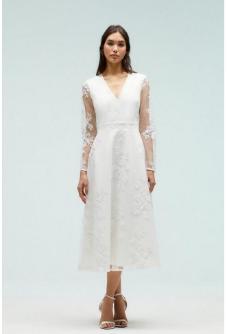 Embroidered Mesh Ponte Midi...