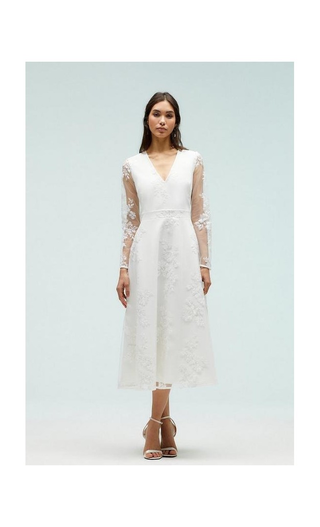 Embroidered Mesh Ponte Midi Dress