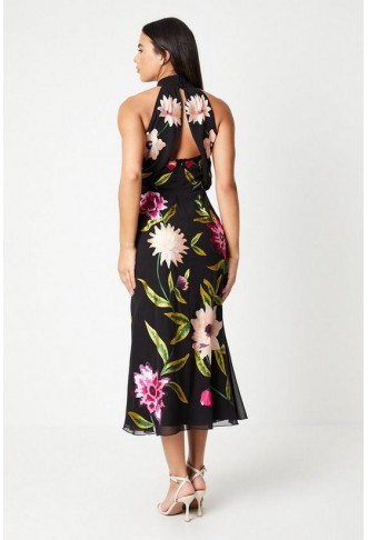 High Neck Midi Dress With Floral Embroidery