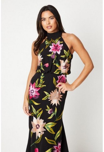 High Neck Midi Dress With Floral Embroidery