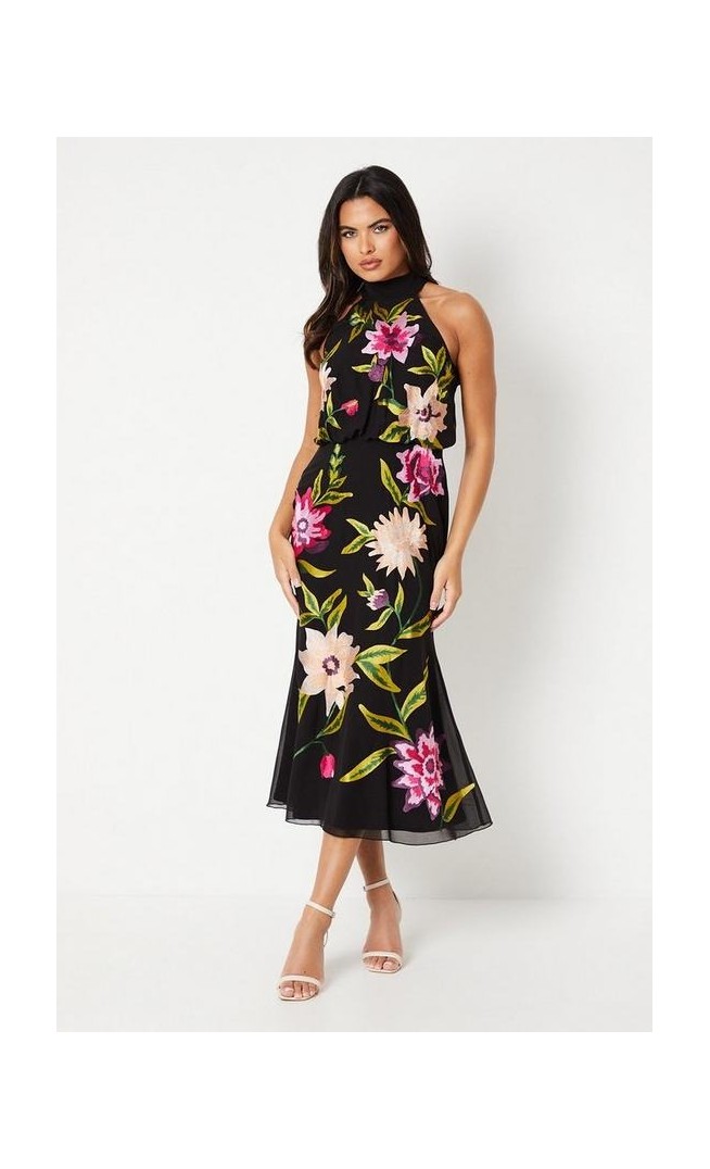 High Neck Midi Dress With Floral Embroidery