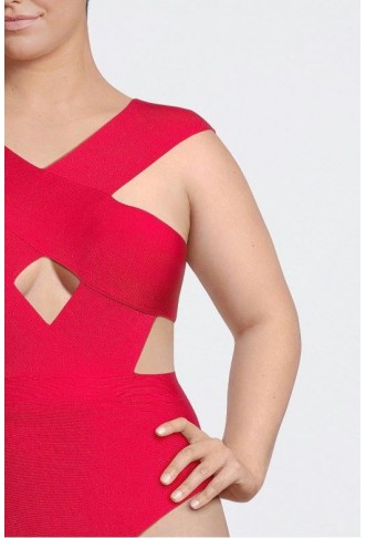 Red Plus Size Bandage Cross Front Cut Out Swimsuit